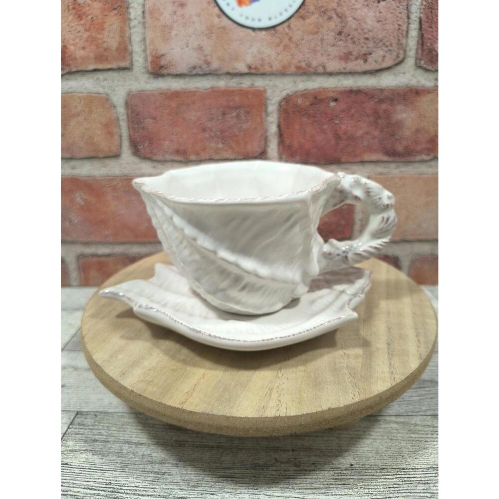 Blue Sky Clayworks Seashell Figural Teacup and Saucer Set White With Accents New